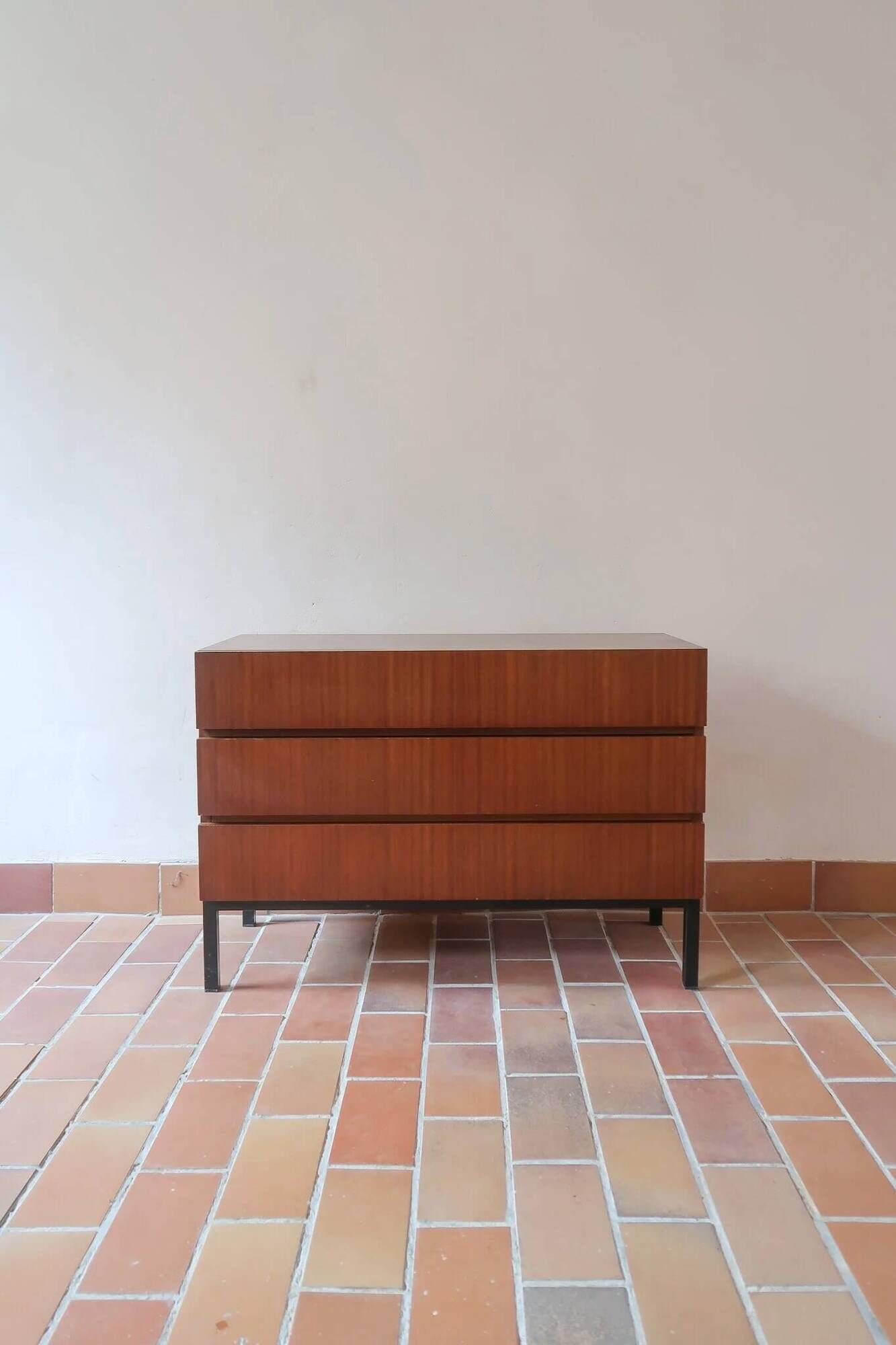Teak chest of drawers with 3 drawers, black metal legs, 1960s.