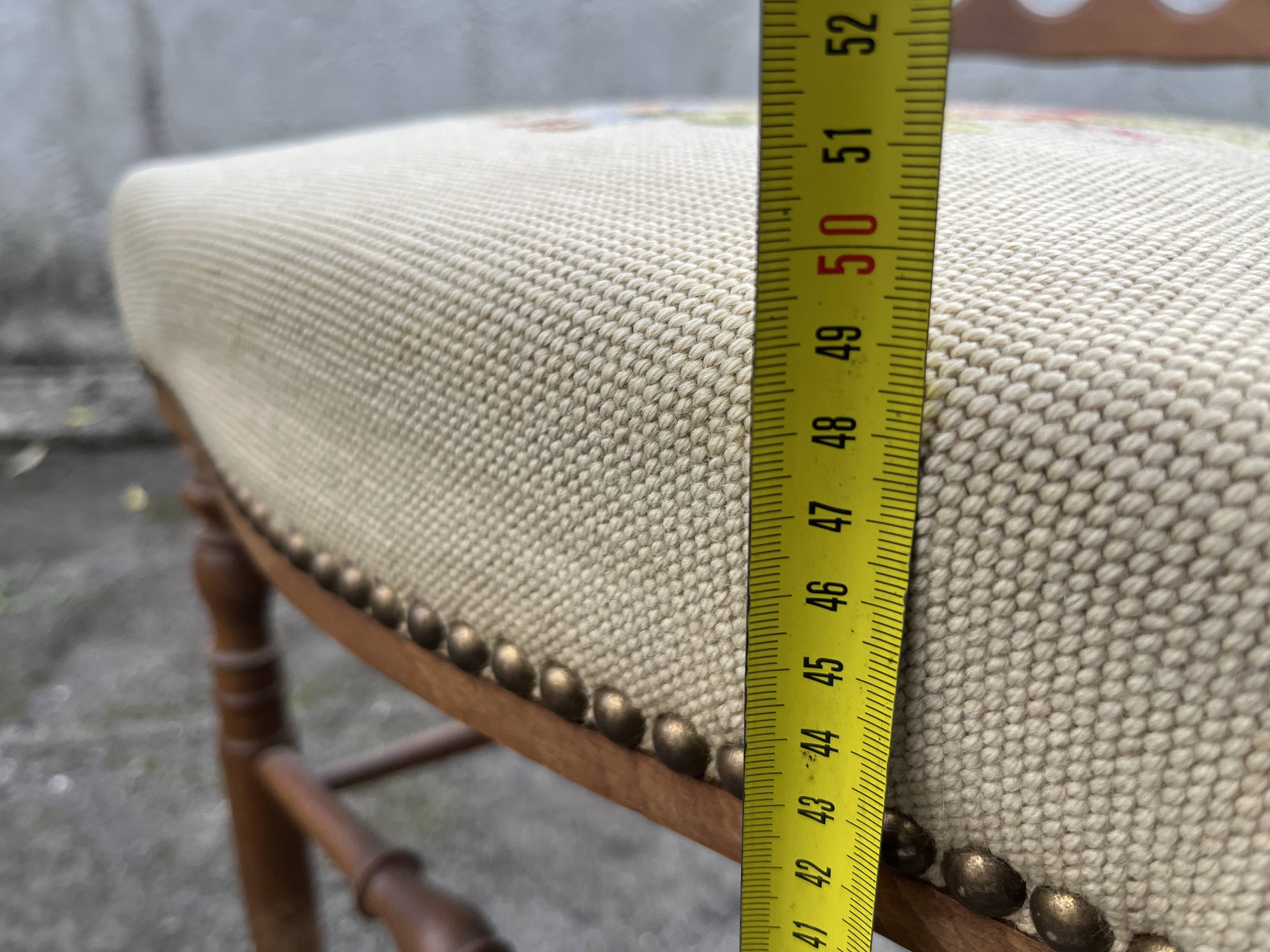 Pair of antique turned wooden chairs, embroidered upholstered seats
