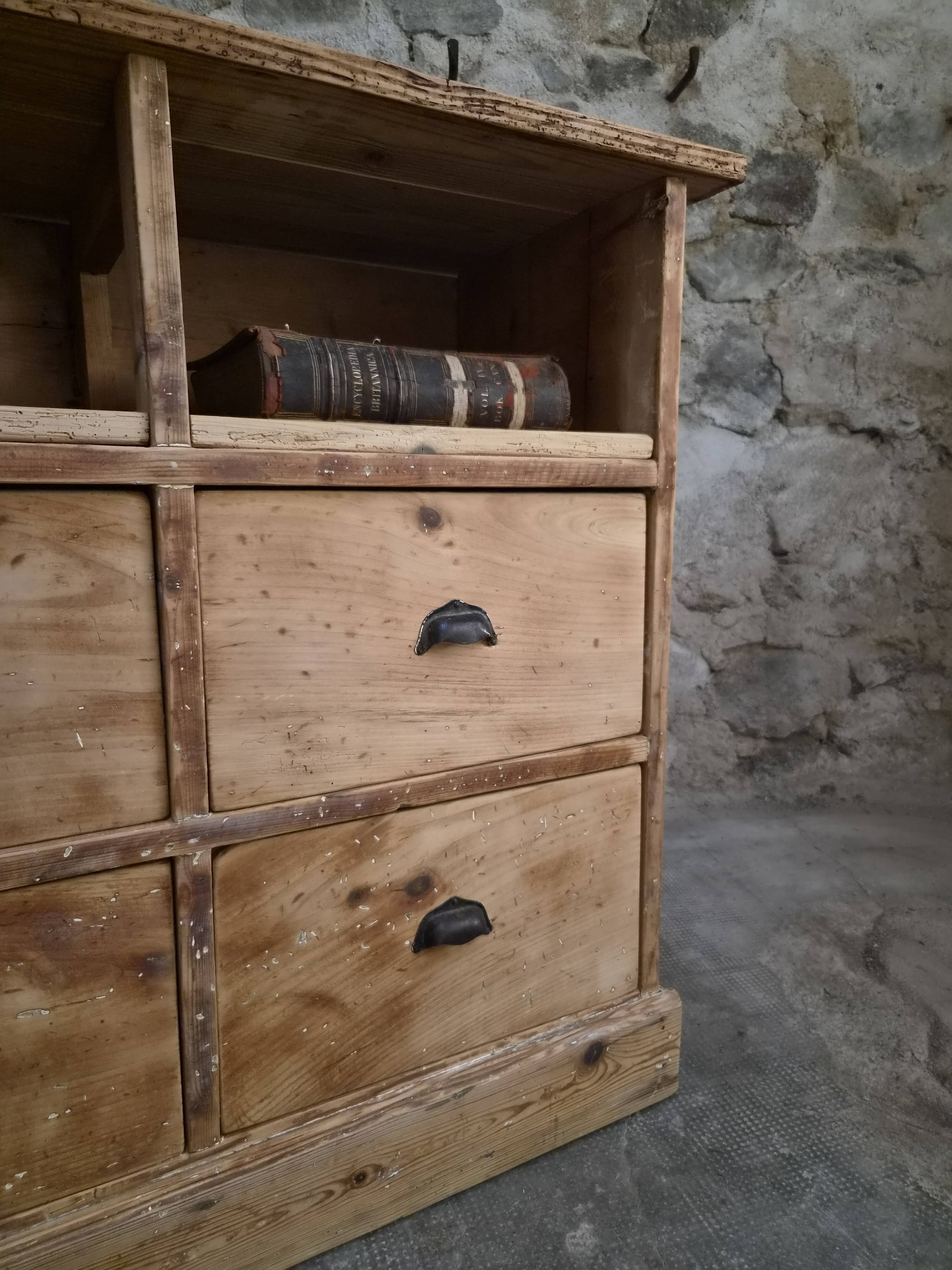 Comptoir de magasin français ancien en pin, meuble à 6 tiroirs, comptoir de magasin, îlot de cuisine, vers 1900