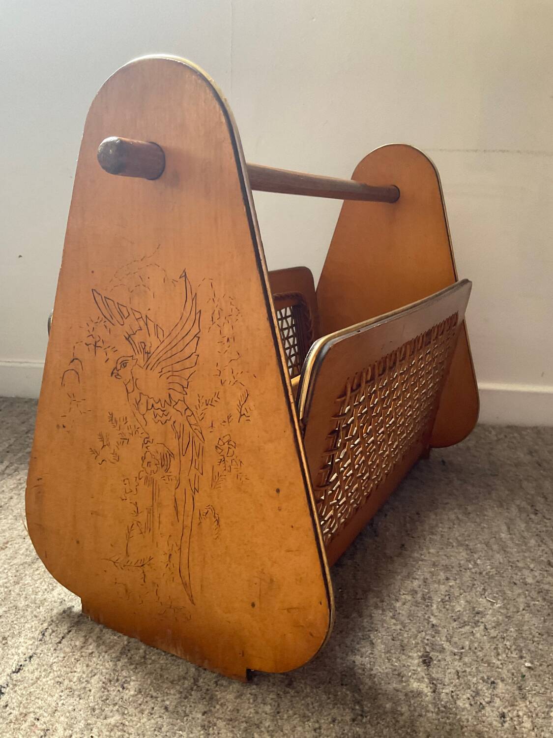 Wooden and rattan magazine rack from the 50s and 60s