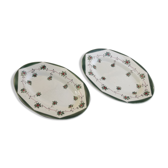 2 oval ravines in opaque porcelain HBCM Creil Montereau model Francine L 21.5 cm