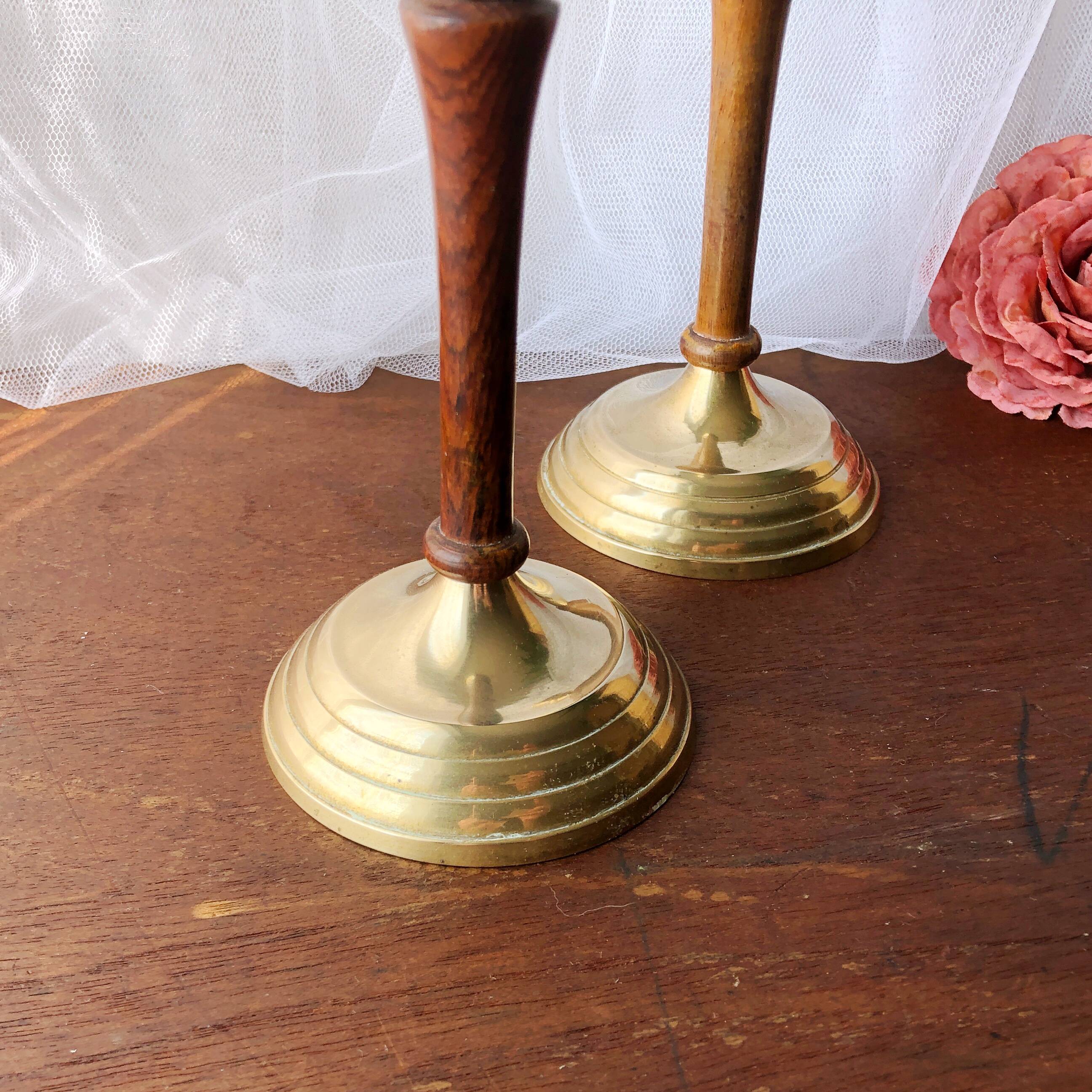 Pair of gilded brass and vintage Indian wood candlesticks