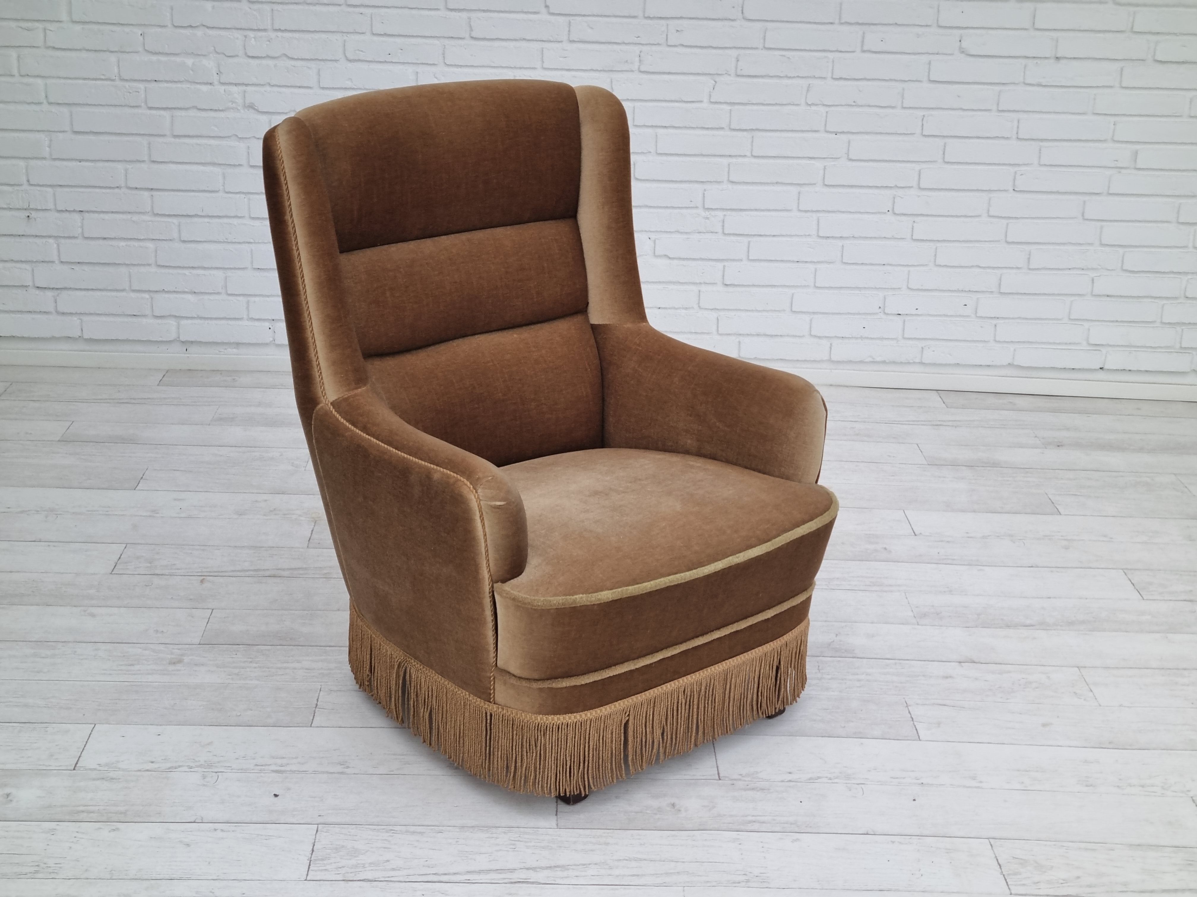 1960s, Danish high back armchair, original upholstery, green velour
