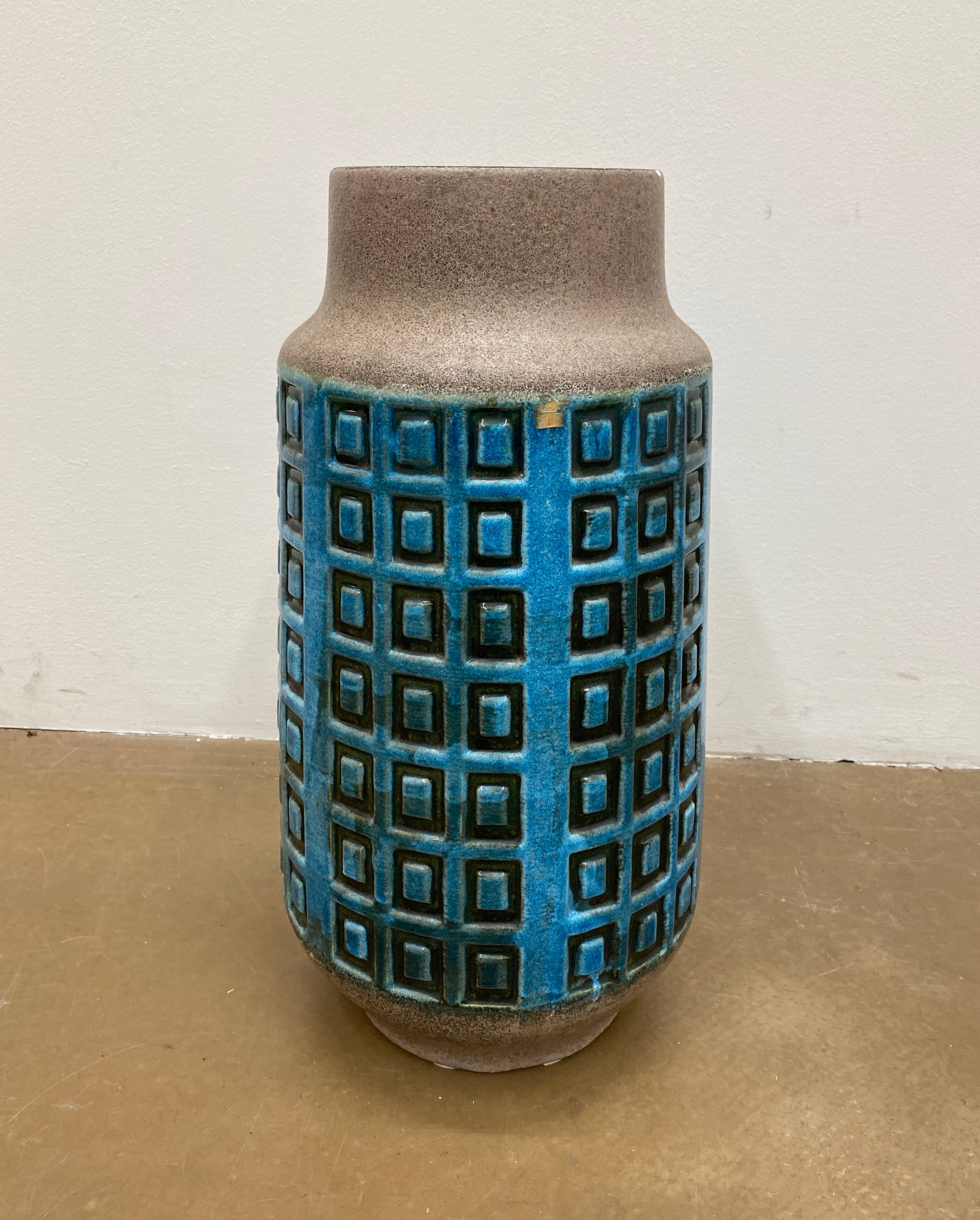Large blue ceramic mid-century modern vase with graphic pattern