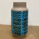 Large blue ceramic mid-century modern vase with graphic pattern