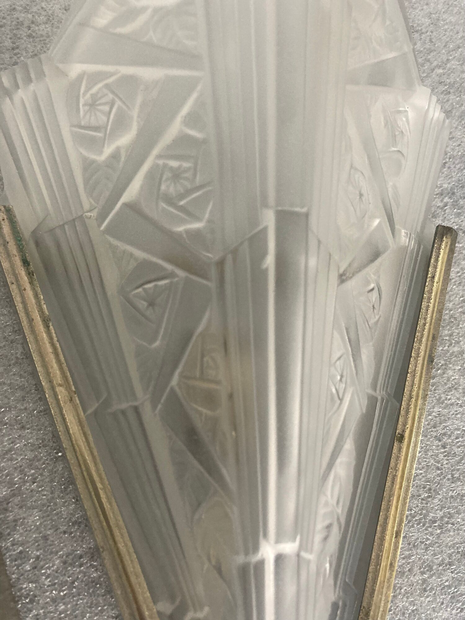 Pair of art deco metal and satin pressed glass sconces