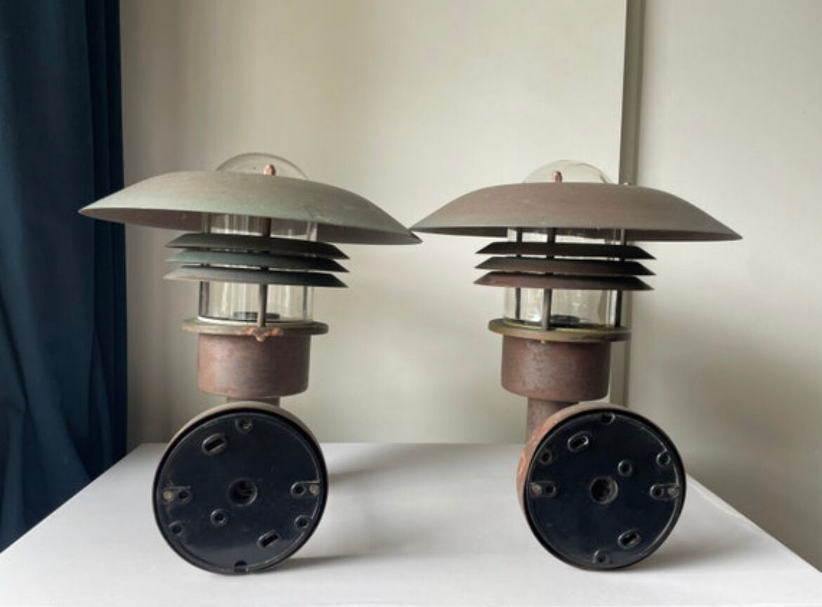 Pair of classic danish vintage MCM outdoor wall lamp in copper