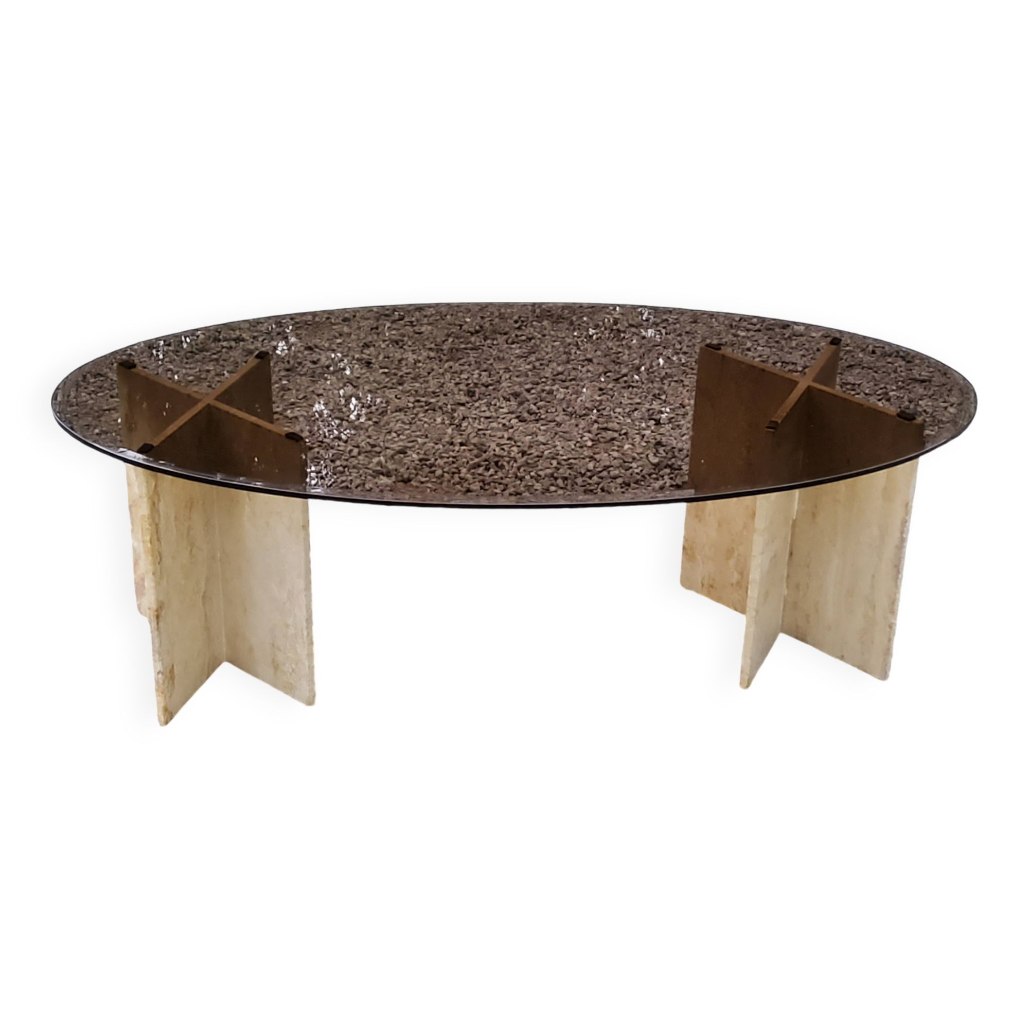 70s travertine and smoked glass designer coffee table