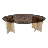 Table basse design en travertin et verre fumé des années 70