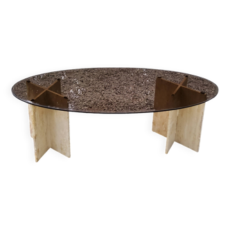 70s travertine and smoked glass designer coffee table