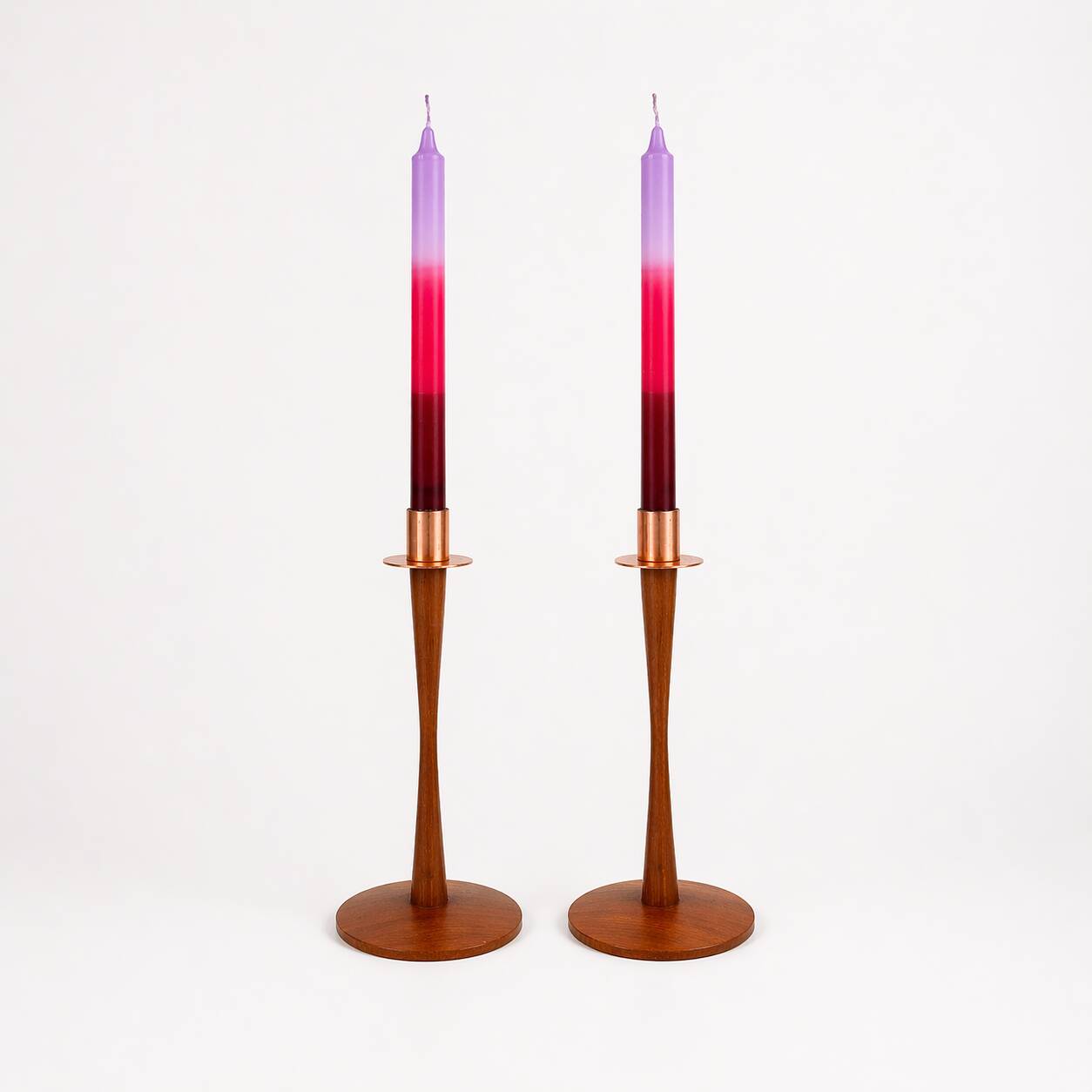 Pair of vintage Scandinavian candlesticks in teak & copper, Sweden, 1970s