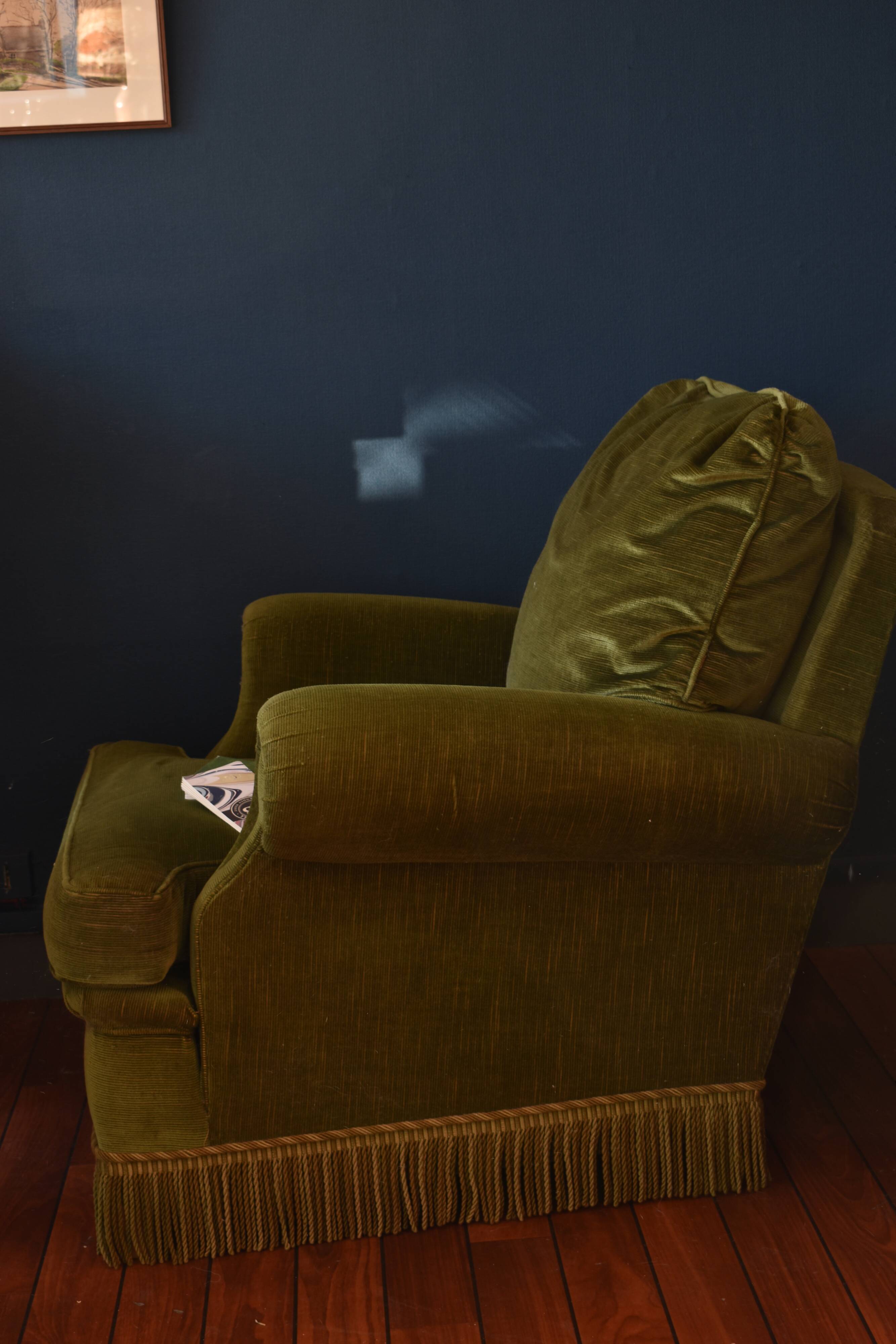 Vintage armchair green velvet fringes