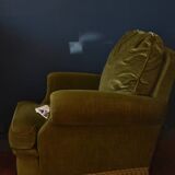Fauteuil vintage vert velours franges