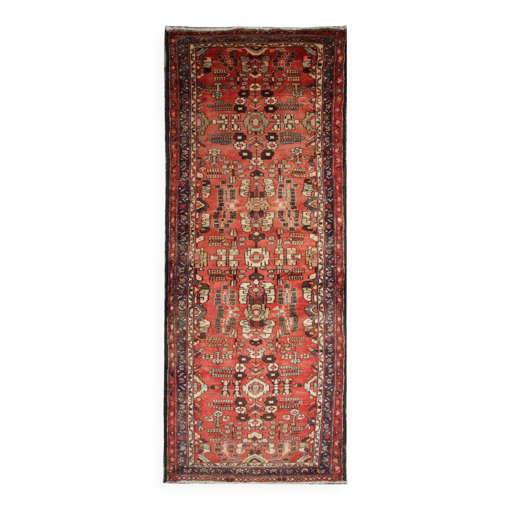 Vintage Mid-Century Geometric Runner, Hand-Knotted Wool Stair & Hallway Rug