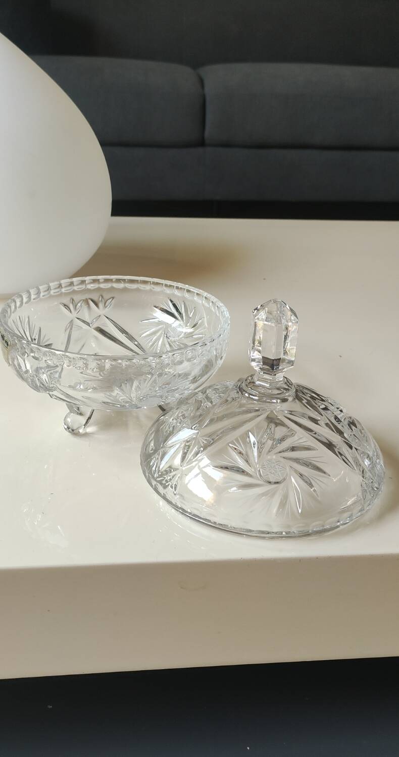 Bohemian cut crystal candy dish. Sophisticated star motifs.