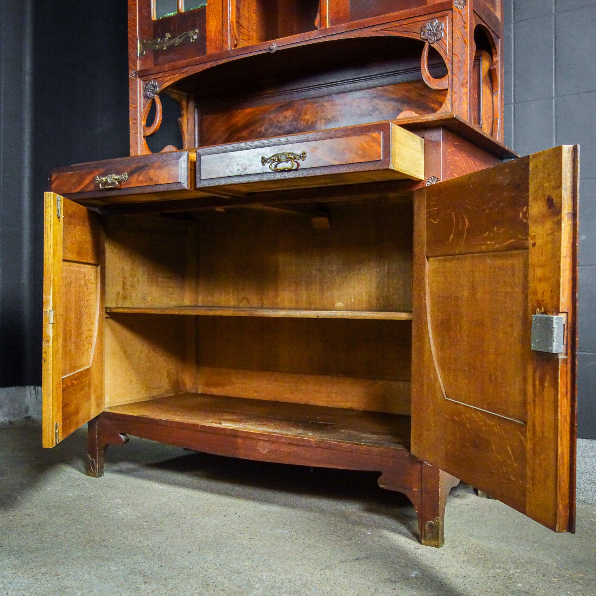 art nouveau cabinet with stained glass window, France circa 1910