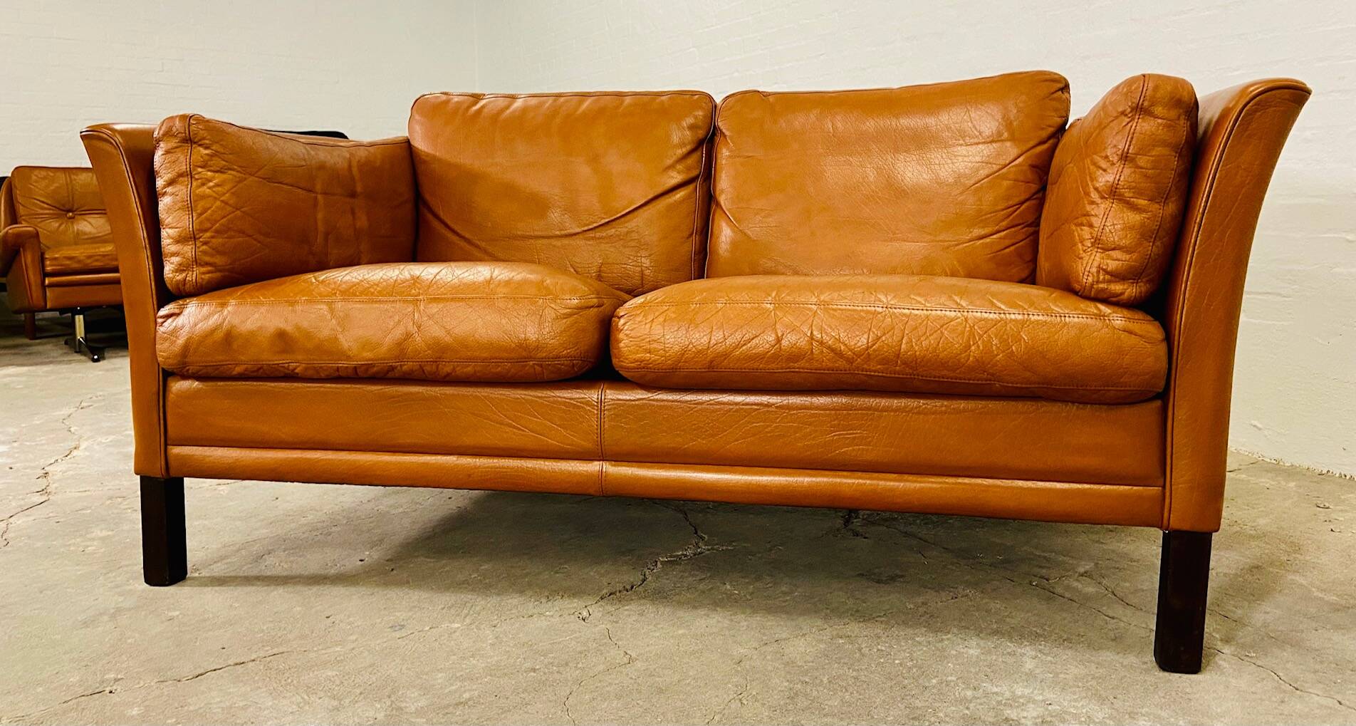 Vintage danish mid century mogens hansen 2 person tan cognac leather sofa