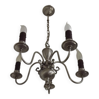 Vintage 5 Light Silver Metal Flemish Style Candlestick Red Card Drips 4163