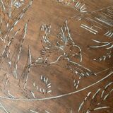 Antique pedestal table with engraved wooden top (birds) and sky blue base