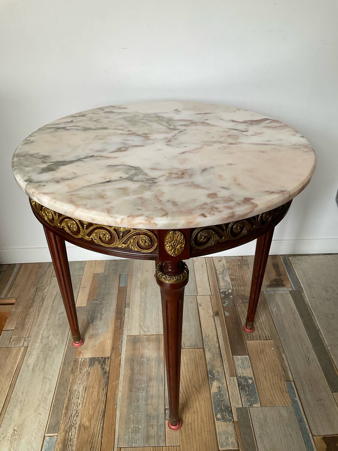 Louis XVI style side table in wood, marble and brass