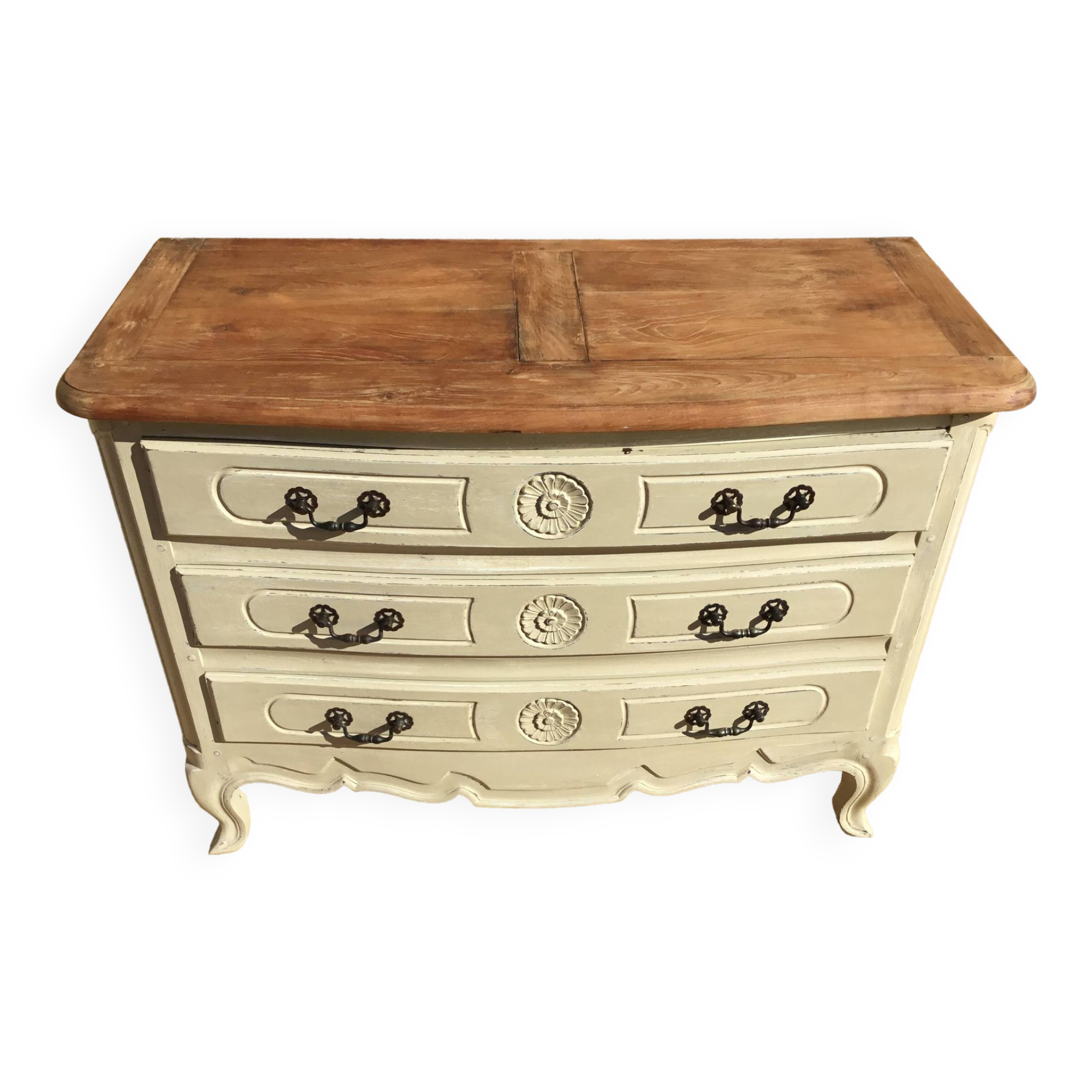 Louis XV style chest of drawers, patinated and waxed, natural wood top