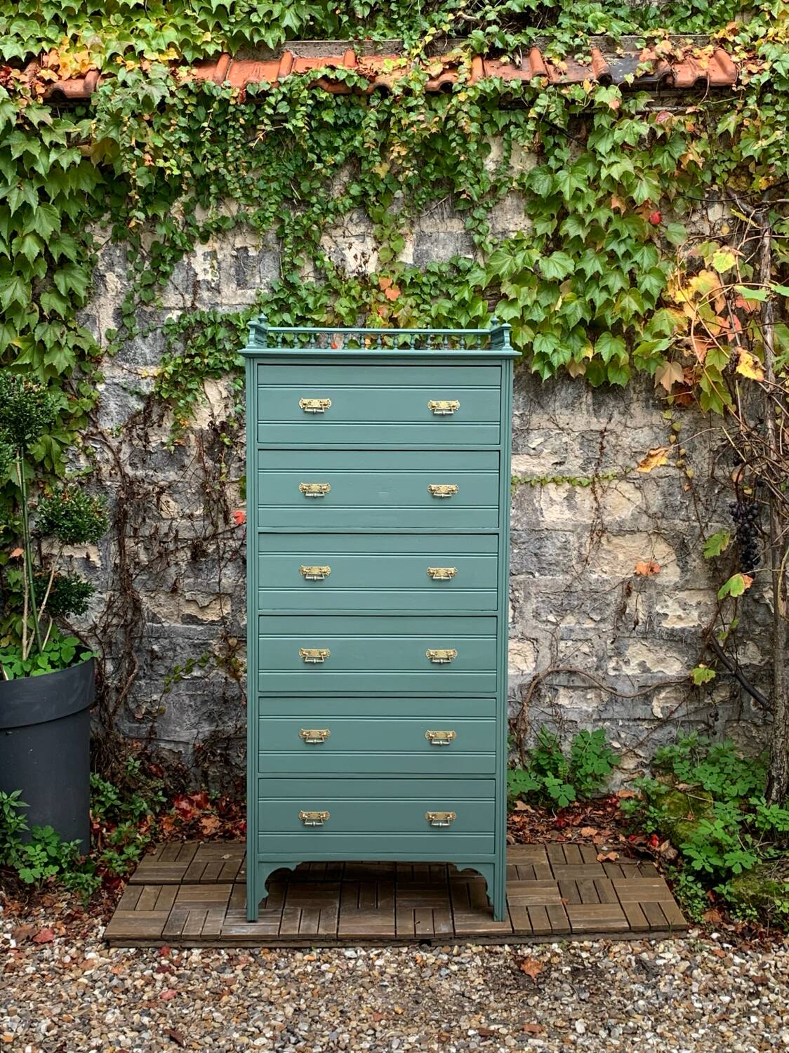 Old grey green high chest of drawers H160