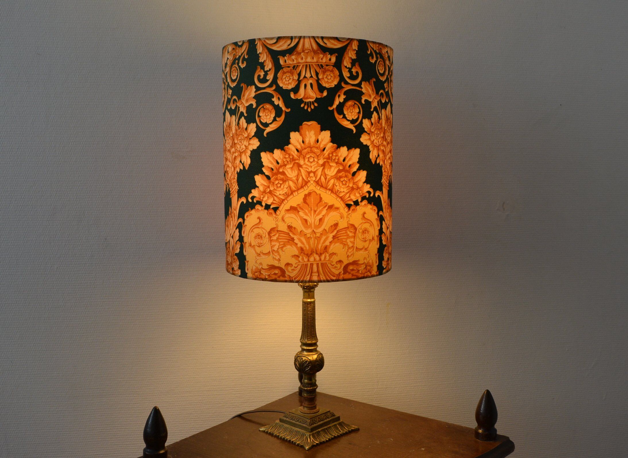 Fabric lampshade with baroque pattern, antique gold leaf design.