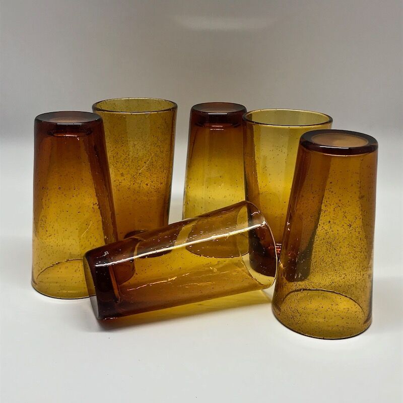 Set of 12 ochre oiglasses in bubbled blown glass