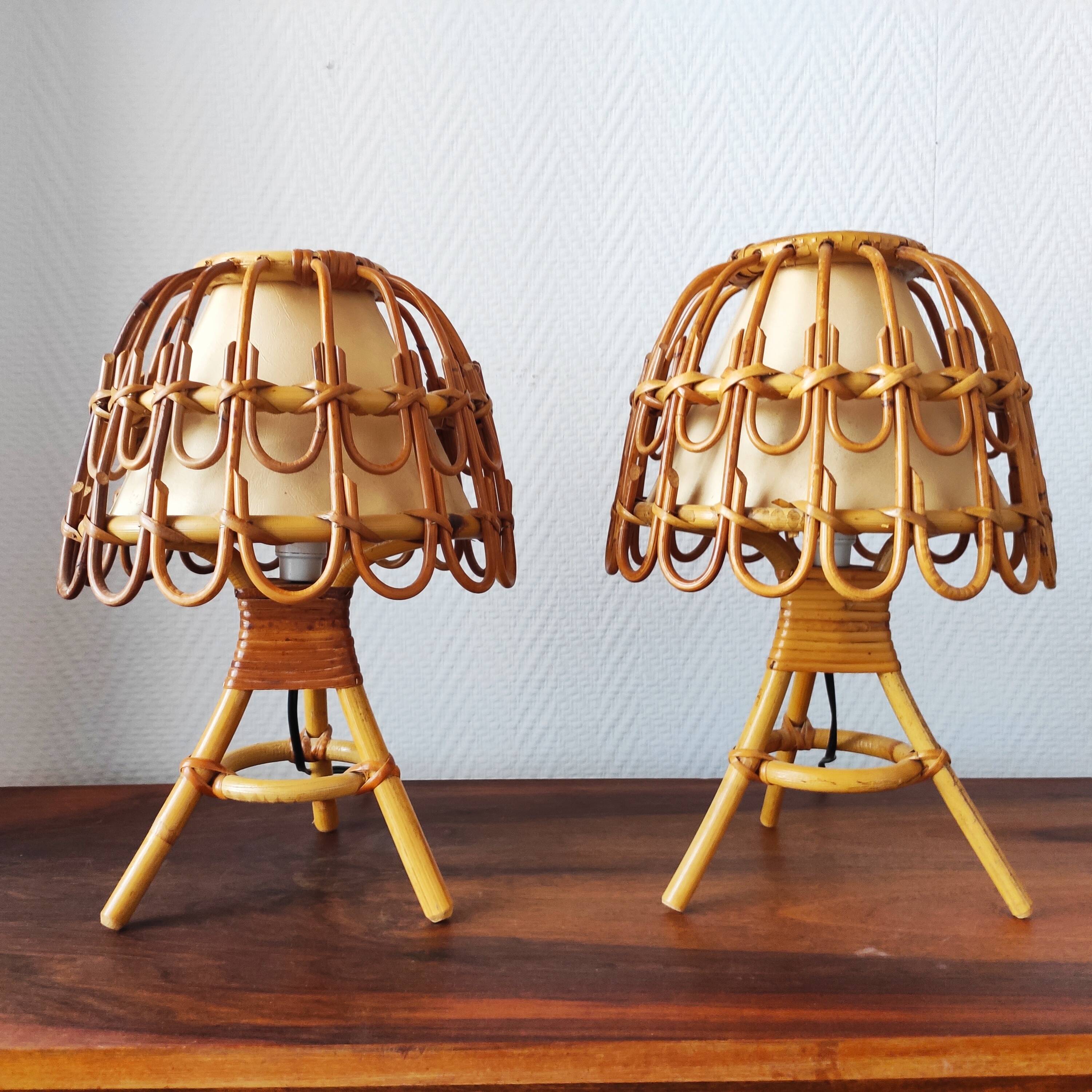 Pair of vintage 70s rattan lamps