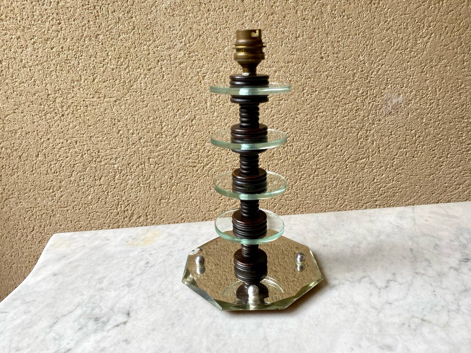 Art deco mirror glass & wood lamp base modernist design