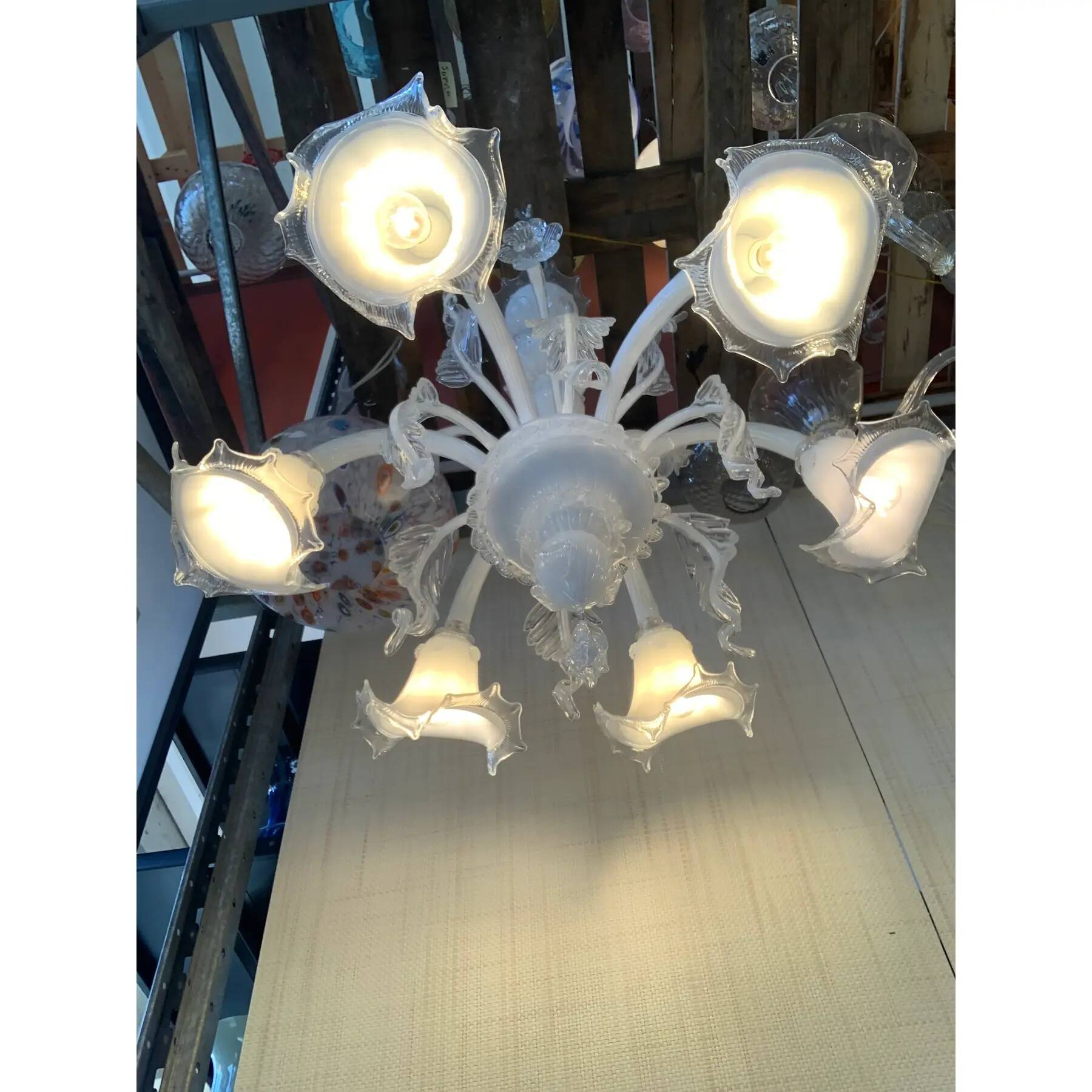 Transparent and milky-white Murano-style Venetian glass chandelier with flo
