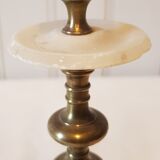 Pair of brass and alabaster candlesticks