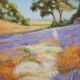 Oil painting on wooden panel, lavender landscape with lilacs and trees.