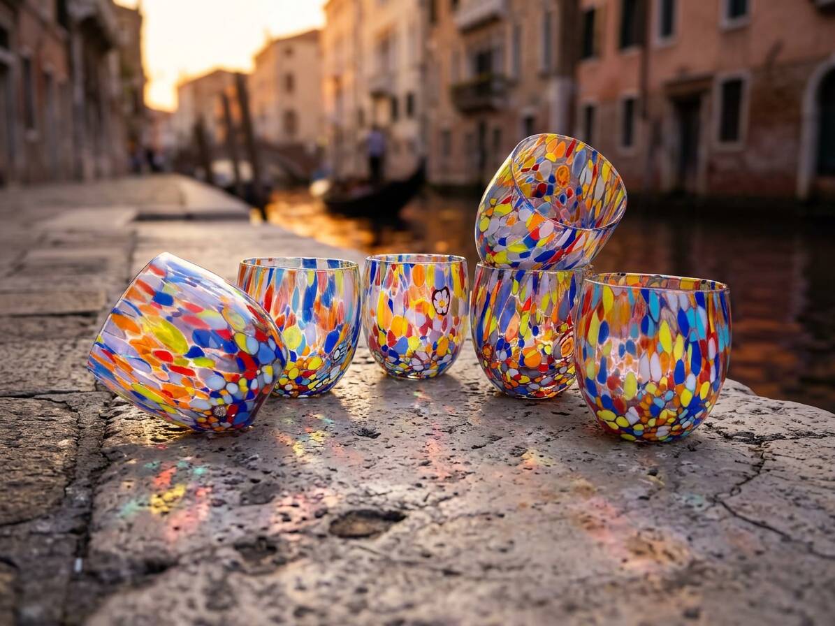 Set of 6 blown glass glasses with Murano murrine.