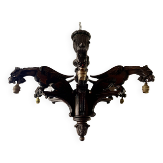 6-light wooden griffon chandelier 1900