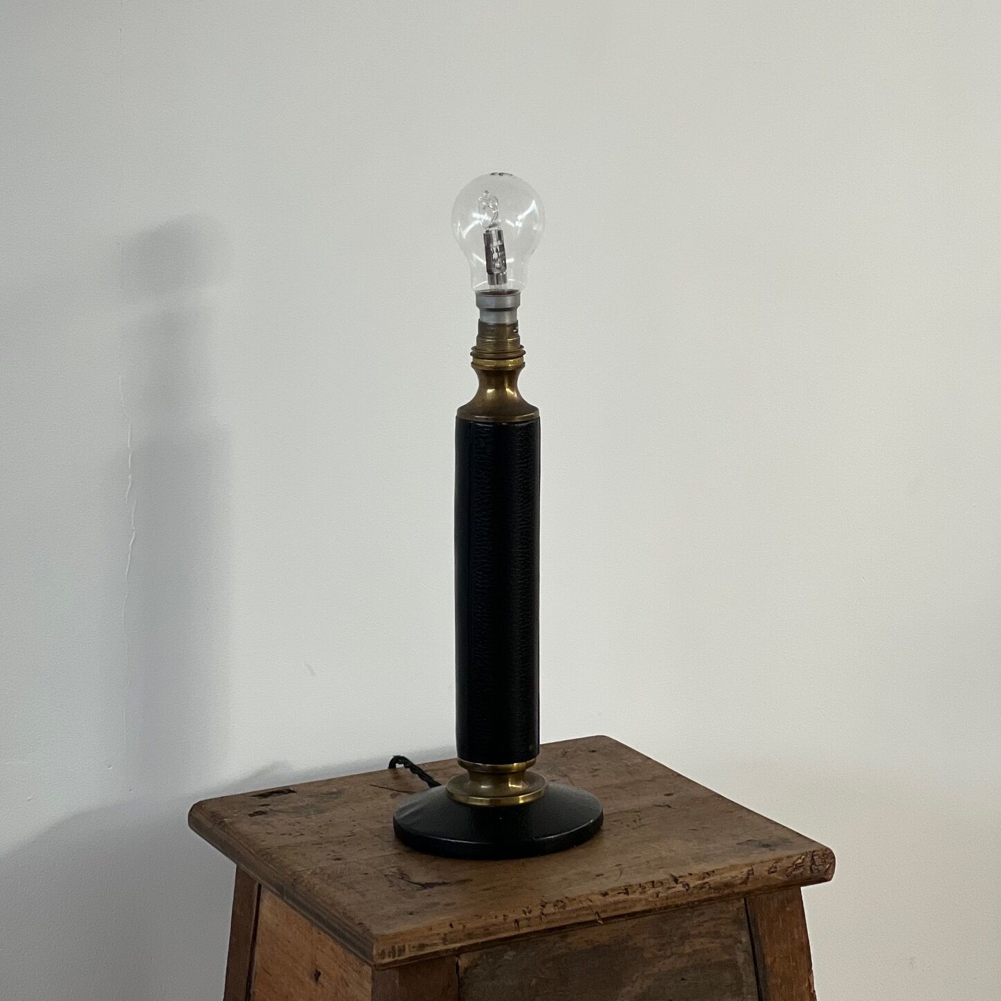 French mid-century black leather and brass table lamp