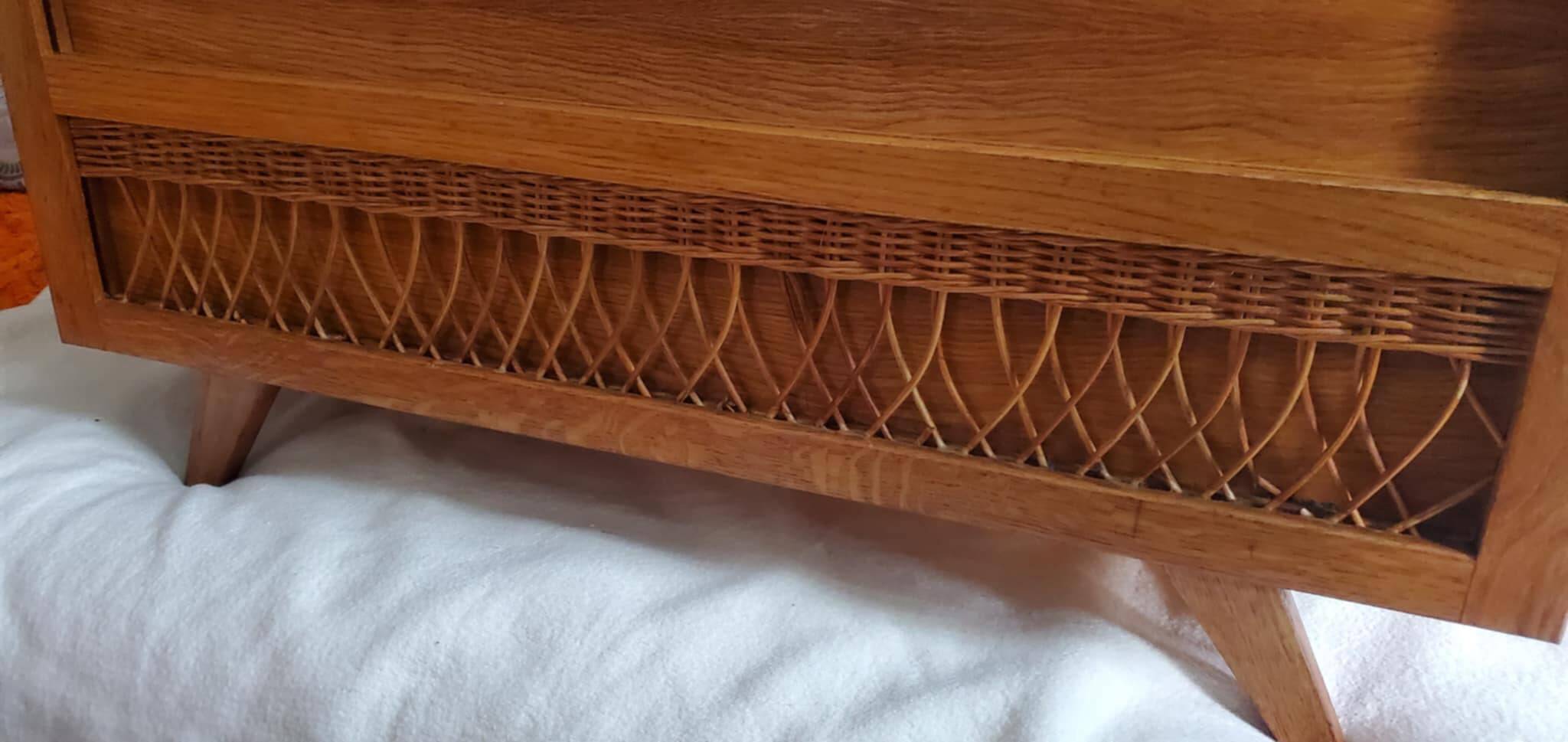 Vintage 1970s wooden and rattan toy chest