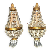 Pair of vintage lamps: wall lights with gold trim and cut crystal.