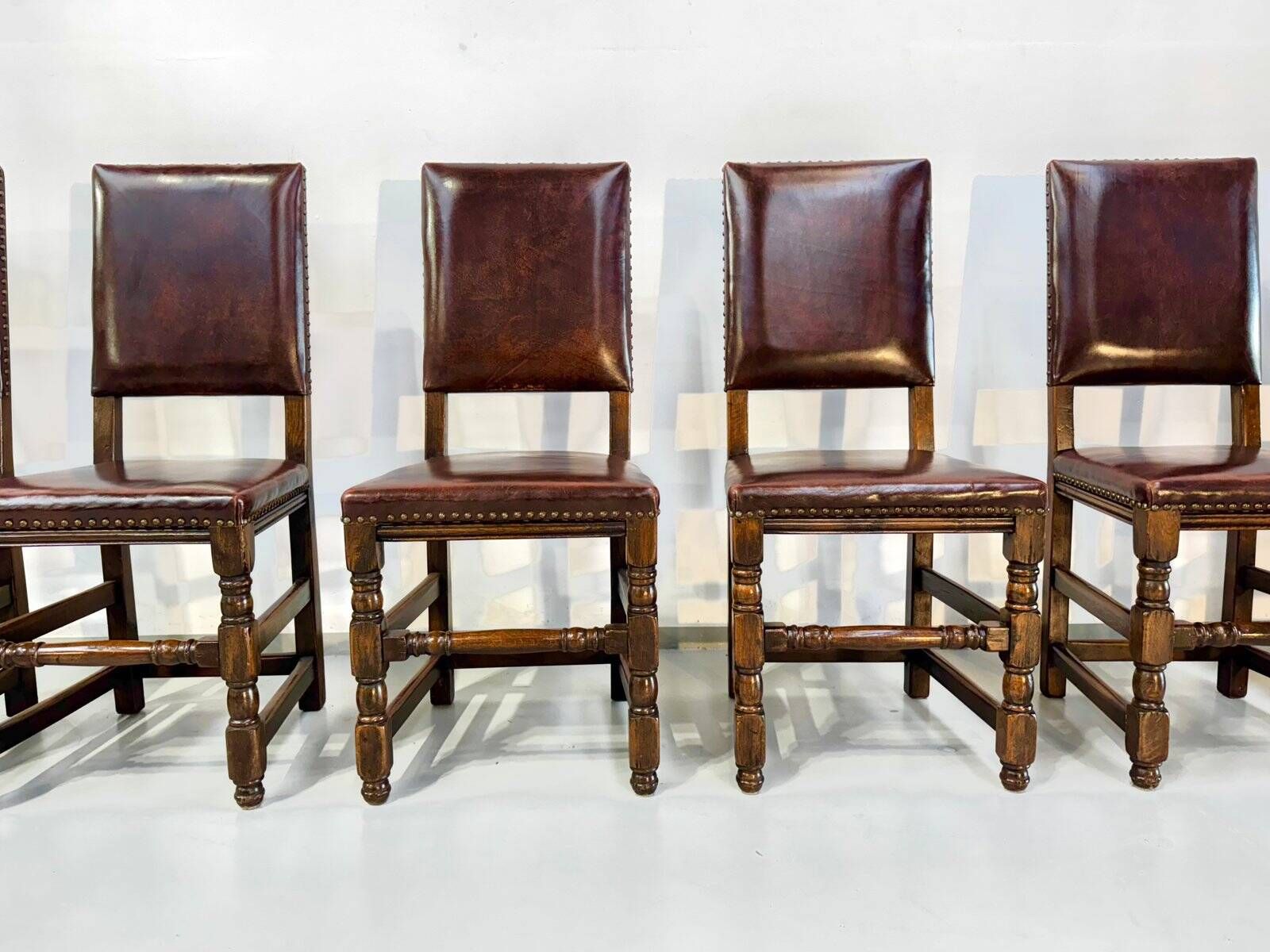 Vintage Handmade French Chairs in Leather & Oak, 1970s.