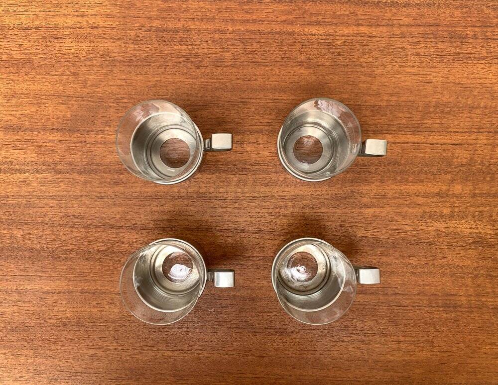 Vintage tea glasses RDA from East Germany by MUQ, Metallwarenfabrik Union Quedlinburg, set of 4.