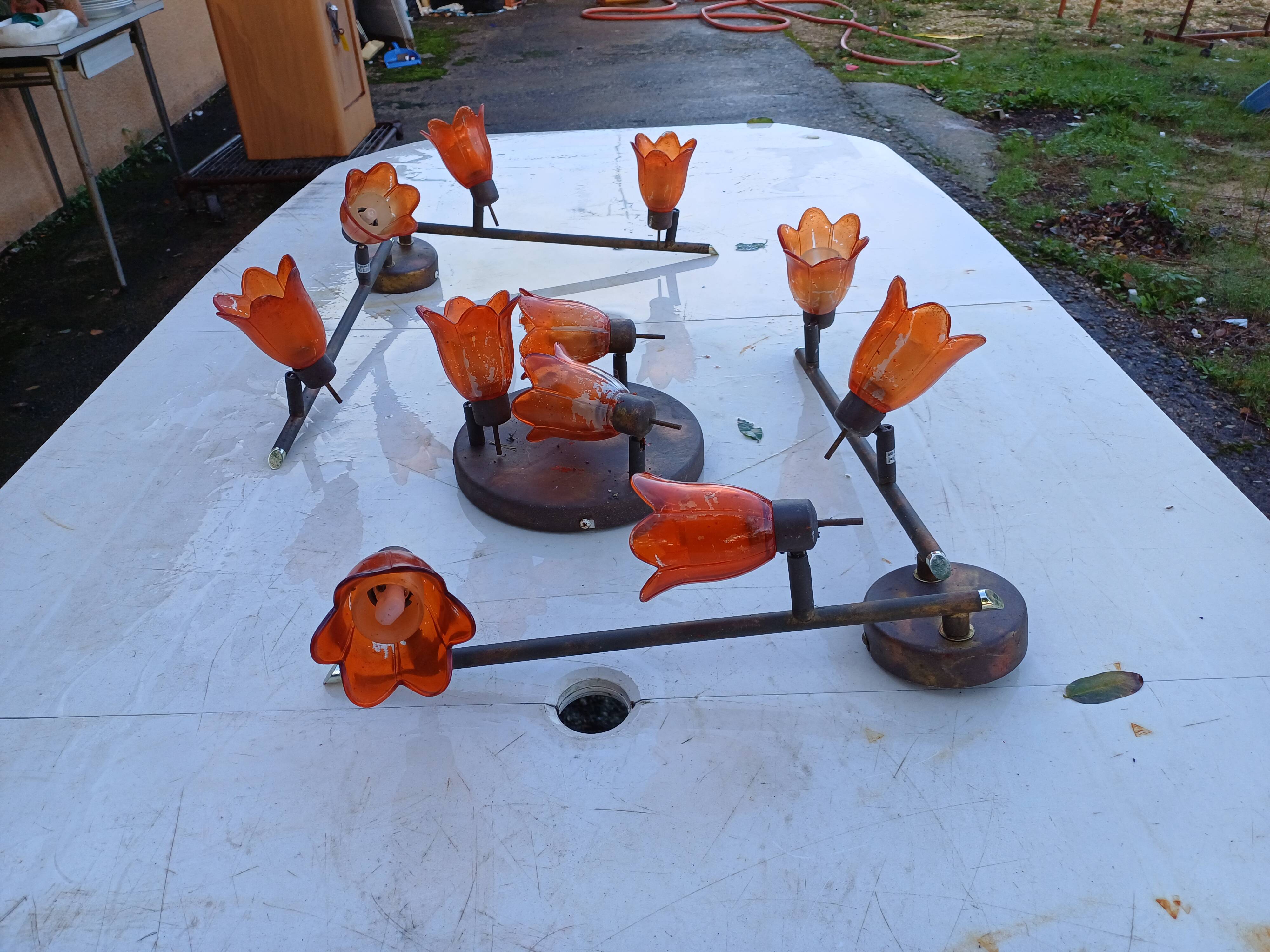 3 Vintage Gold Metal Glass Tulip Pendant Lights