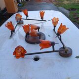 3 Vintage Gold Metal Glass Tulip Pendant Lights