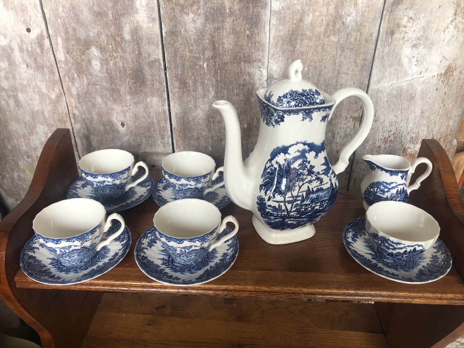 Old tea service the brook myott white ceramic blue decor england