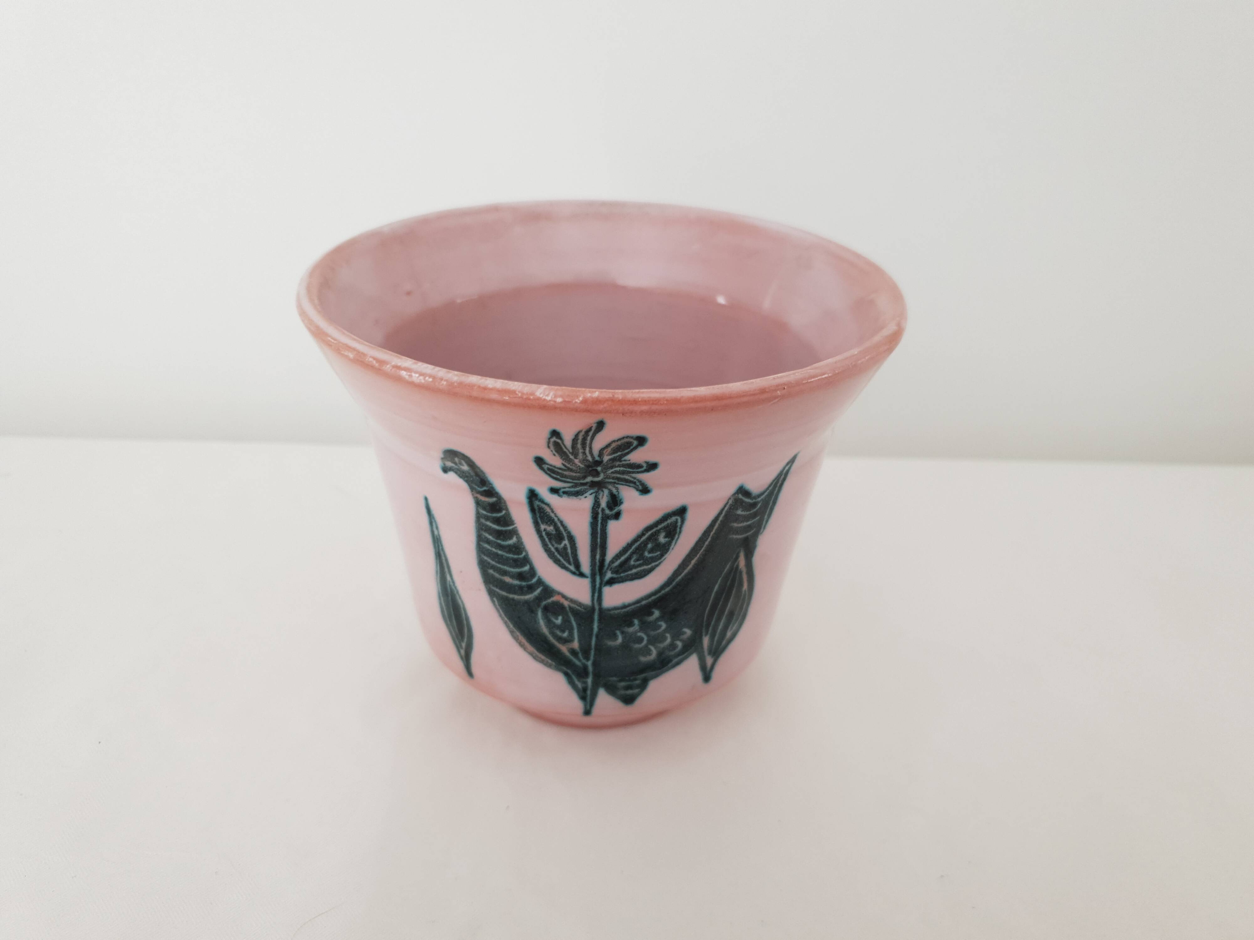 Ceramic flowerpot vase with rooster design - signed yvon roy durtal vallauris