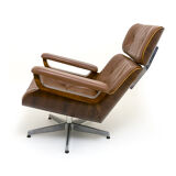 Fauteuil lounge et ottoman en cuir et bois plié des années 60/70