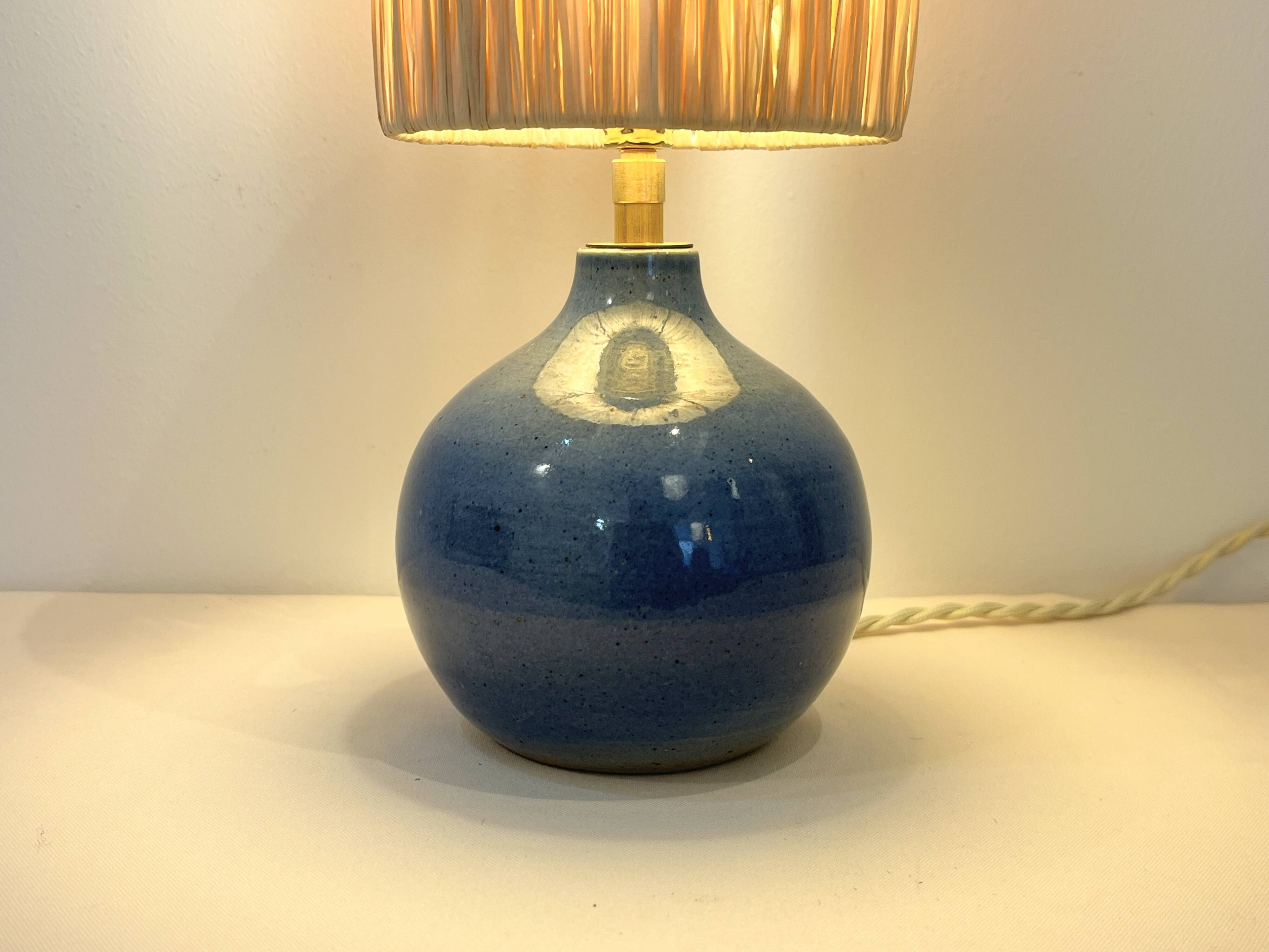 Vintage ball lamp base in blue ceramic stoneware with raffia rope lampshade