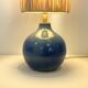 Vintage ball lamp base in blue ceramic stoneware with raffia rope lampshade