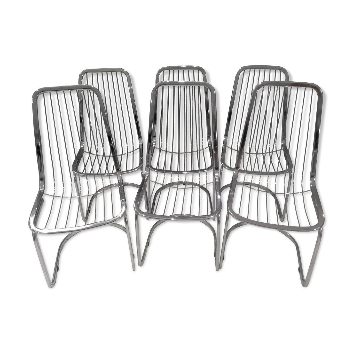 Suite of 6 vintage chrome metal chairs 1970