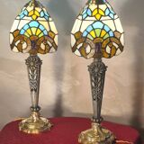 Pair of bronze and pewter lamps from 1900 to 30, glass paste lampshade 44x15