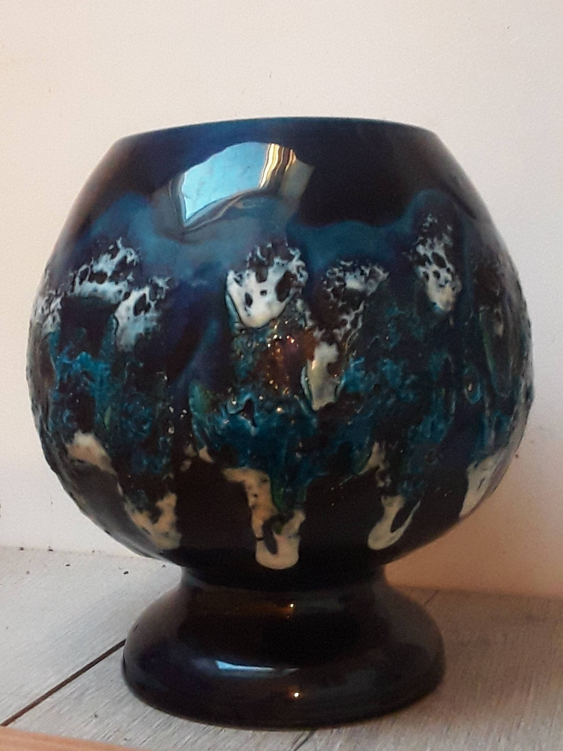 Vintage blue lava decor ceramic ball vase from the 1960s